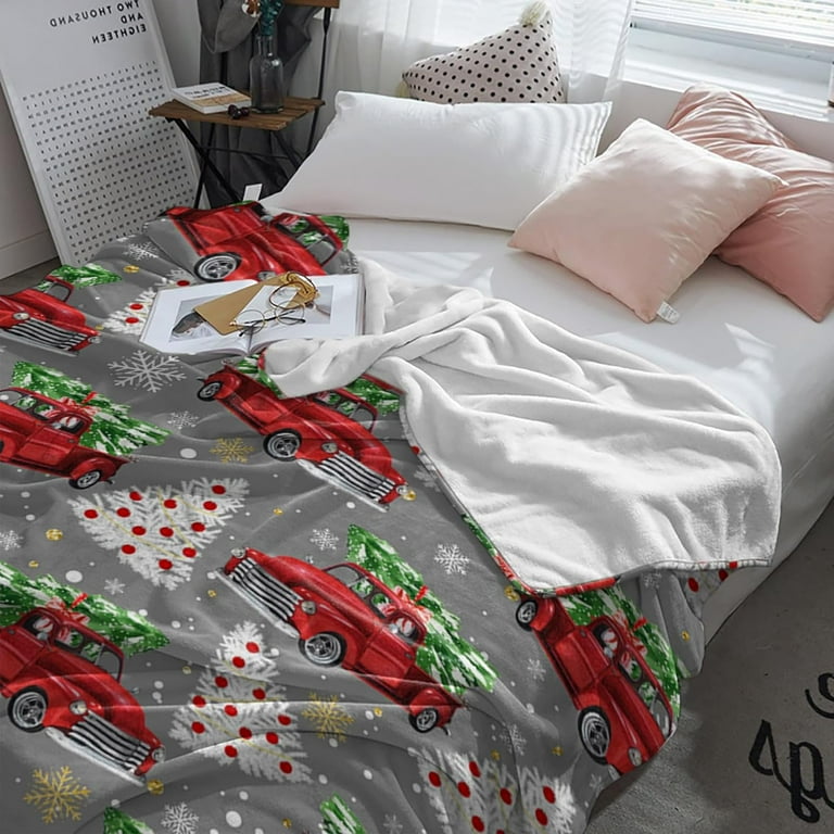 Red Truck Christmas Throw Blankets Merry Christmas Tree Soft Fleece Blanket Decorative for Home Sofa Couch Chair Living Bedroom 50x60 inches Winter