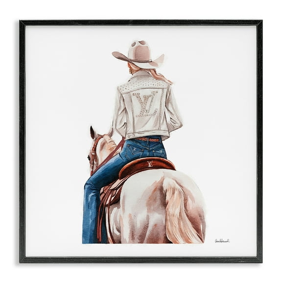 Stupell Industries Glam Girl on White Horse People Painting Black Framed Art Print Wall Art, 12 x 12