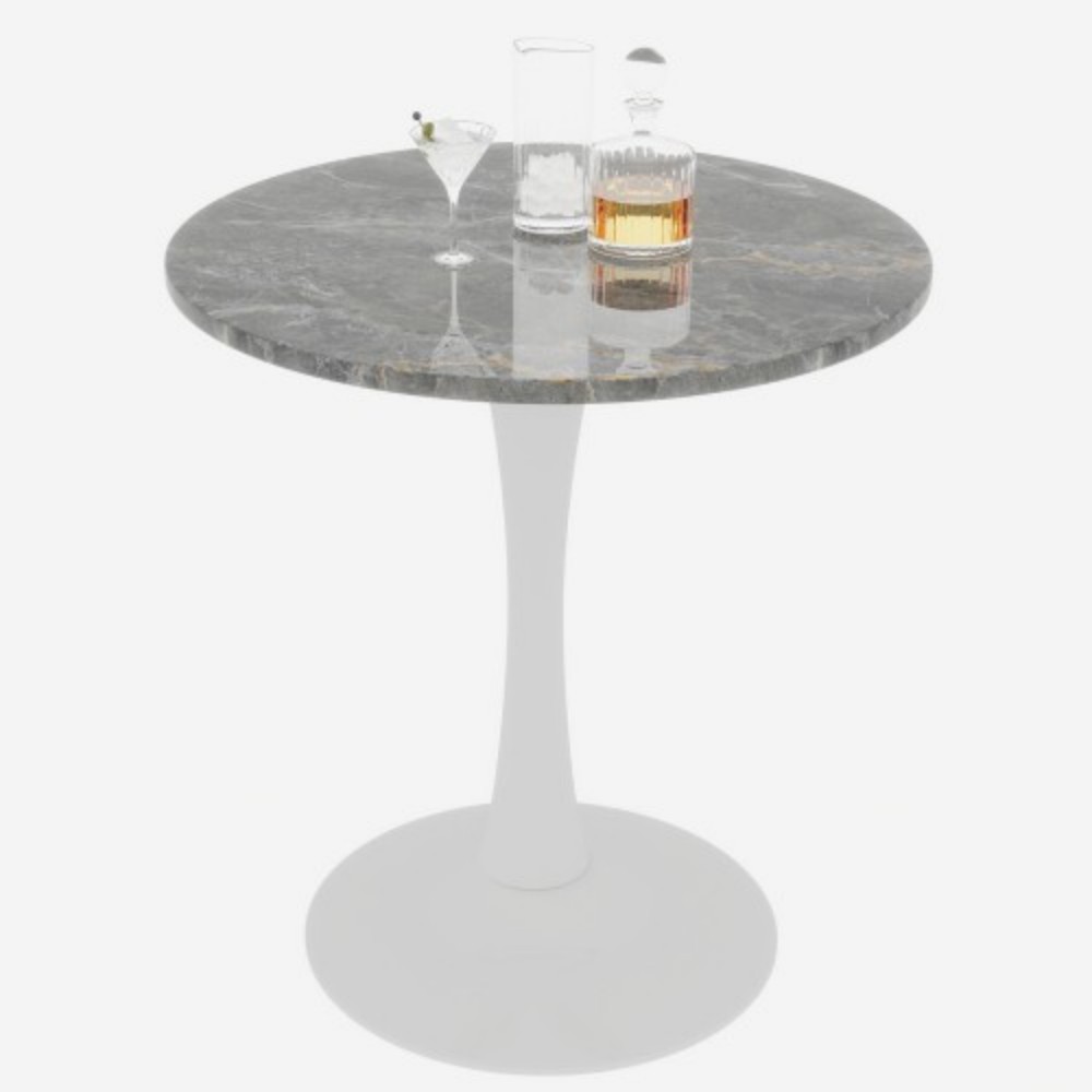 27.6" Round Coffee Table, Dark Gray Veined Marble-Look Top with White Pedestal Base, Mid-Century Modern Dining Table for 2-4, Living Room