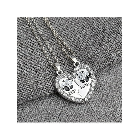 BEST FRIEND Panda Heart Silver Tone 2 Pendants Necklace BFF