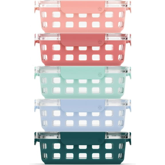 Duraglass 3.4 Cup Meal Prep Sets 10Pc, 5 Pack Set- Glass Food Storage Container with Silicone Sleeve and Airtight BPA-Free Plastic Lids, Dishwasher, Microwave, and Freezer Safe, Melon