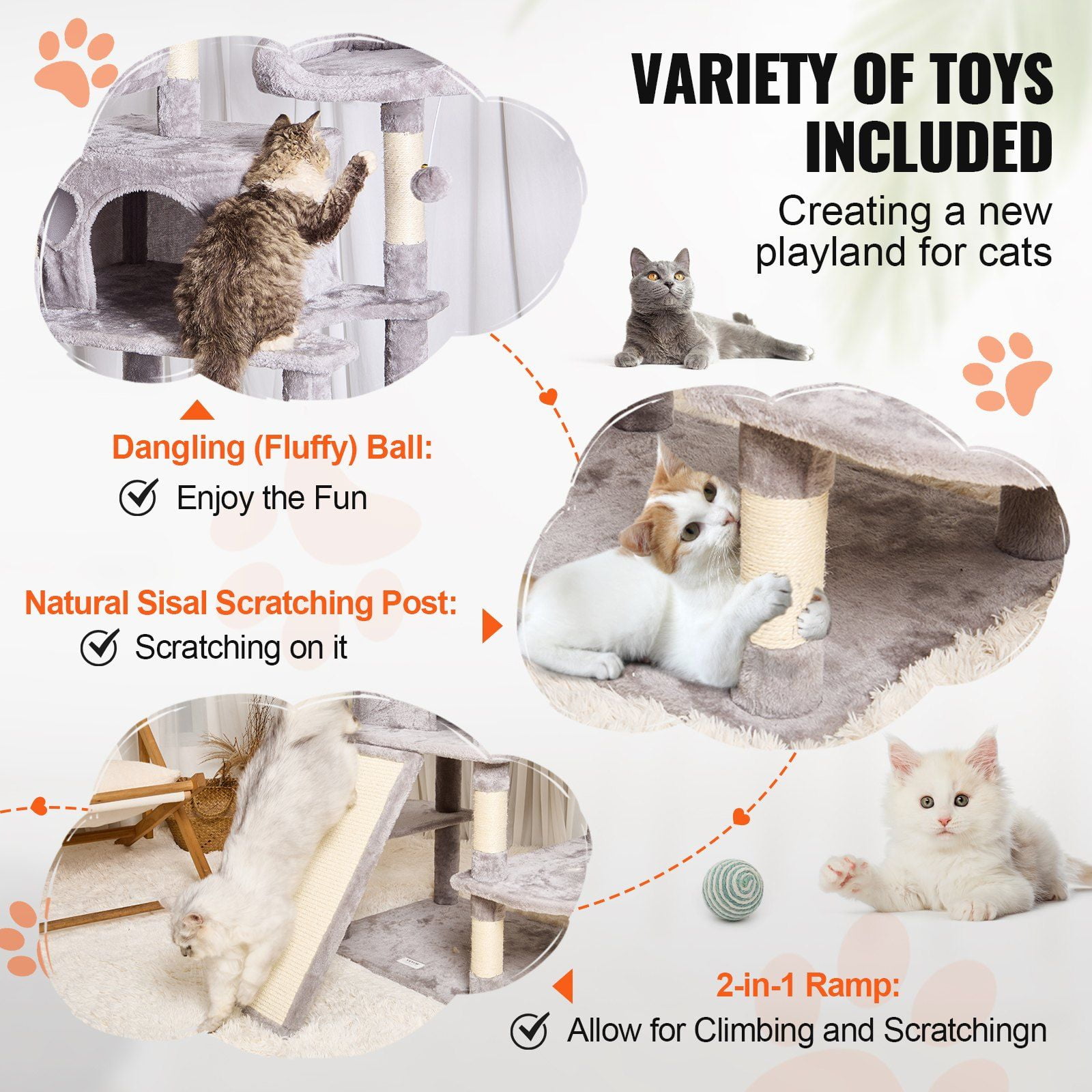 68.5" Tall Cat Tree Tower with 2 Condos, Scratching Posts, Perches, Plush Ramp & Dangling Toy for Indoor Cats