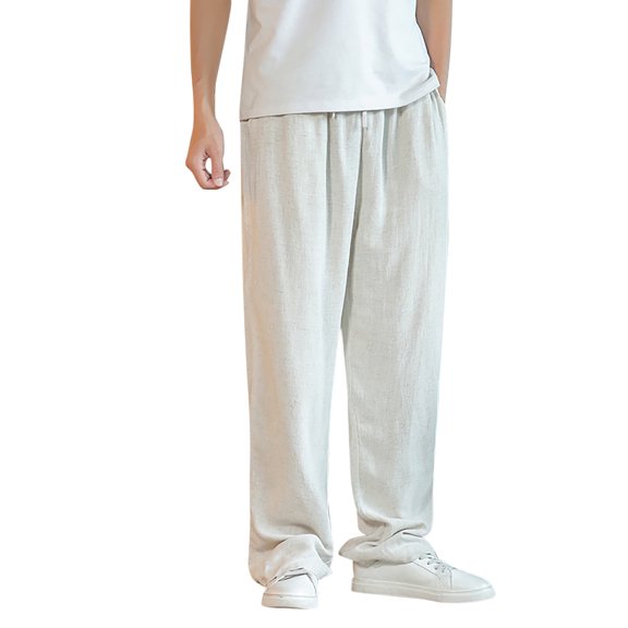 Kureaily Men's Spring And Summer Linen Casual Pants Solid Color Linen Trousers Elastic Waist