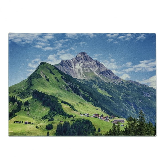 Country Cutting Board, Springtime in Countryside Rural Valley with Village Tranquil Serene Life Image, Decorative Tempered Glass Cutting and Serving Board, Small Size, Green Blue, by Ambesonne