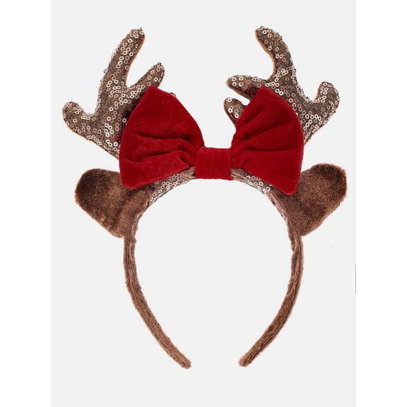 Way to Celebrate Women's Velvet Bow Reindeer Antler Headband, Brown/Red, 1 Piece, One Size Fits Most