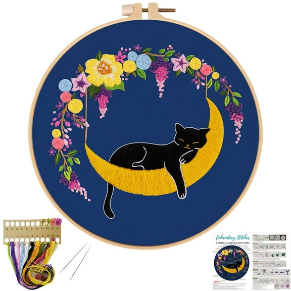 VOCHIC Cat Moon Embroidery kit for Beginners,Cross Stitch Kits for Adult Including Embroidery Cloth,Hoop, Color Threads,Needles and Instruction