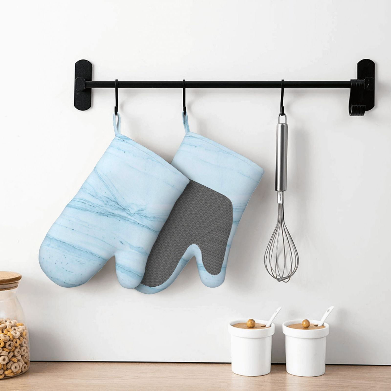 Hirioo Light Blue Marble for Silicone Oven Mitts for BBQ, Baking, Cooking, Set of 2, Heat Resistant 260℃, Non-Slip Kitchen Essentials