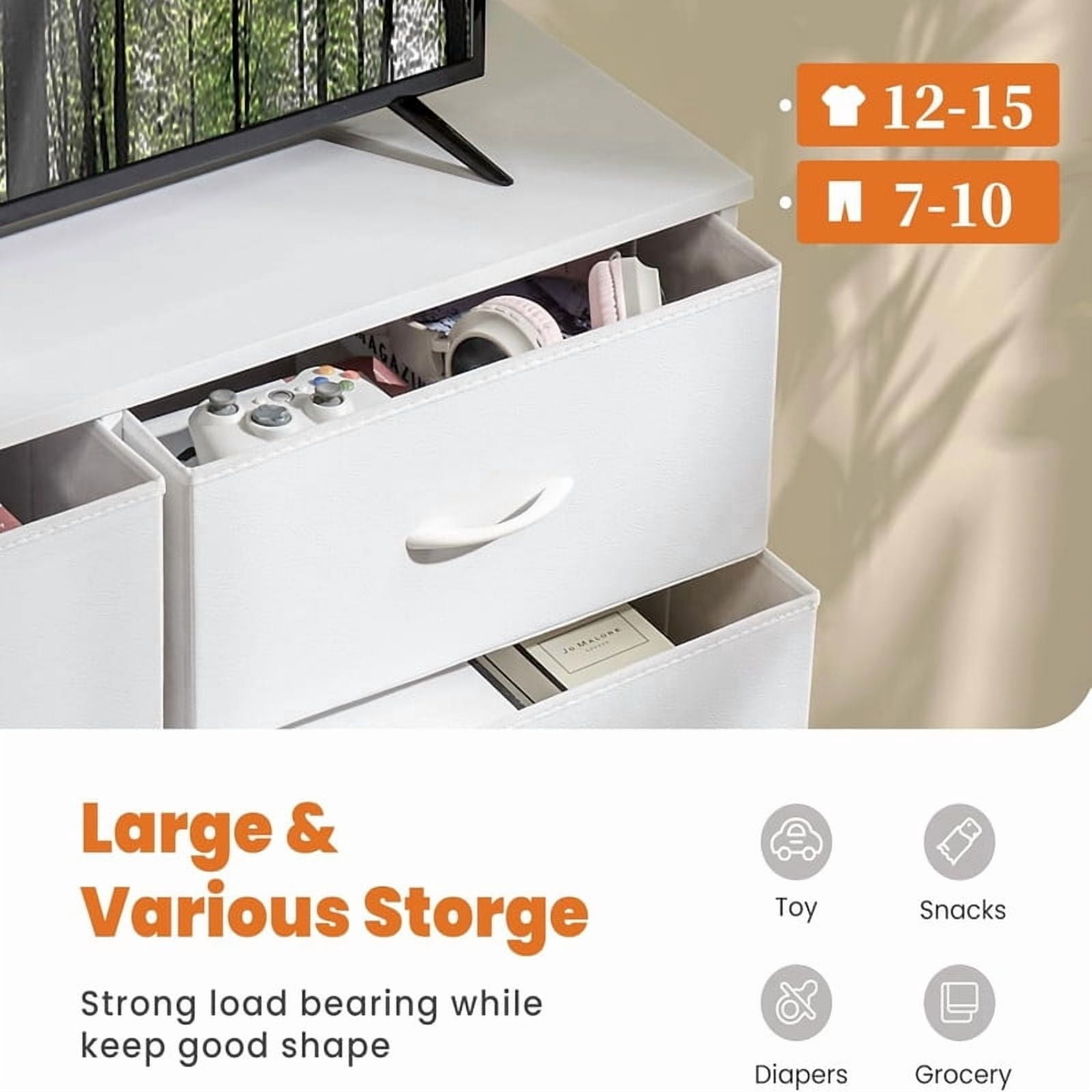 Kelno 7 Drawer Dresser Fabric Chest of Drawers Storage Organizer Wood Top Surface for TV, White
