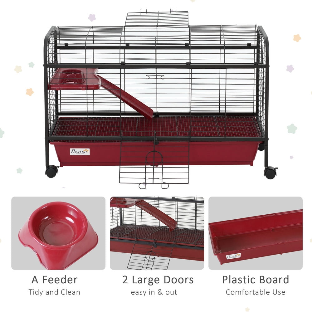 Resenkos 41"L Small Animal Cage, Pet Play House for Rabbit Hutch Ferret with Feeder, Rolling Wheels, Platform, Ramp