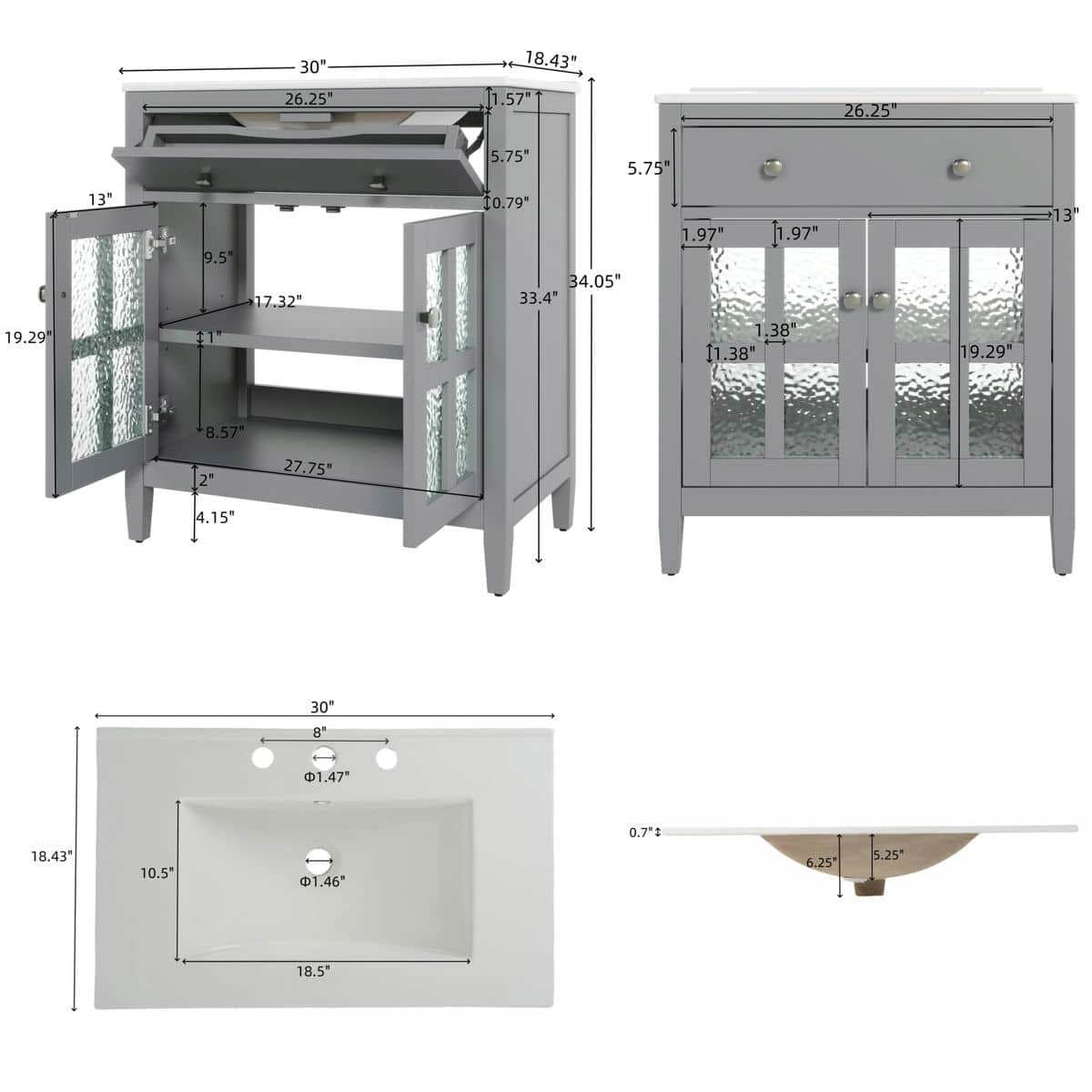 Resenkos 30" Bathroom Vanity with Ceramic Sink, Solid Wood Legs, Adjustable Shelf, Tip-Out Tray, Silver Metal Knobs, Soft Close Hinges - Gray