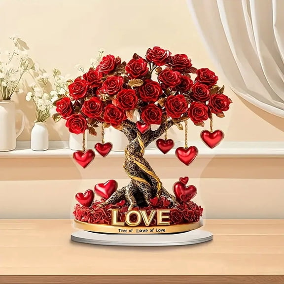 Valentine's Day Decorations Romantic Valentine Tree Tabletop Centerpiece Signs 2D Love Heart Acrylic Table Sign Valentines Decorations for Home Decor Gift Wedding Anniversary Party