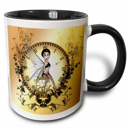 Tone Clock Circuit - 3dRose Little steampunk fairy with gears and clock - Two Tone Black Mug, 11-ounce