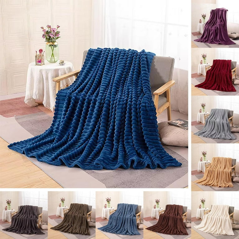 LSLJS Coral Velvet Blankets Solid Color 3D Ribbed Jacquard Boho Striped Blankets Thicken Cozy Warm Skin friendly Cover Blankets Fleece Nap Blanket