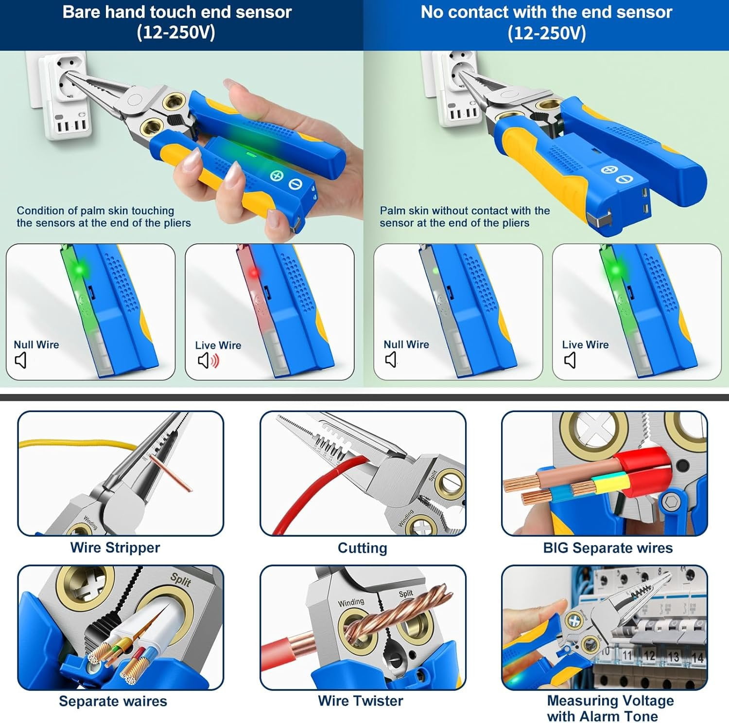 Pro 8-in-1 Wire Stripper/ with  Tester & Dual Alarms - Heavy Duty 12-250V  Electrical Tester for Hot/Neutral Wires - Electrician, HVAC,  Repair Tool (Blue-1)