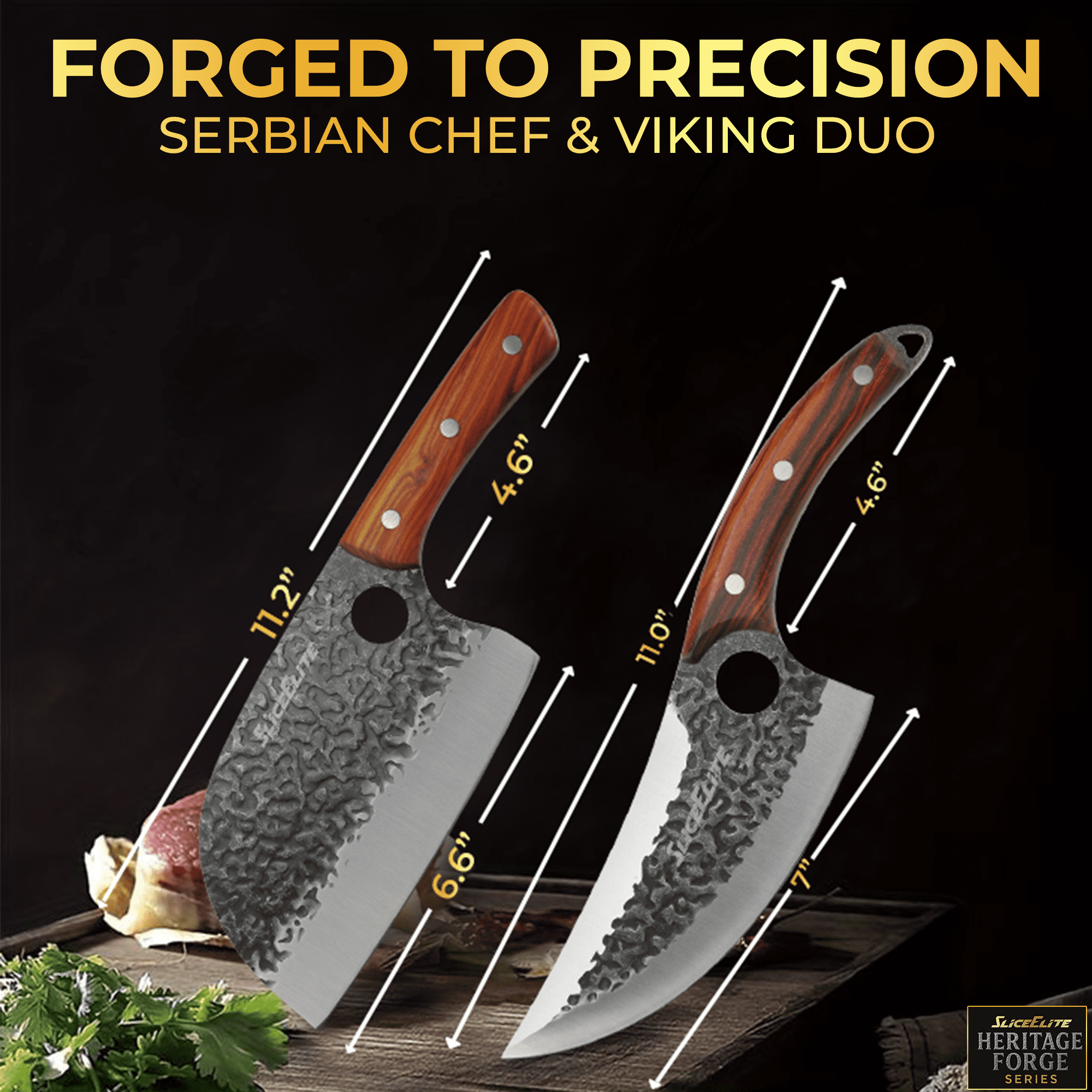SliceElite 2PCS Hand-Forged Chef Knife Set | Viking & Serbian Knives for Meat Cutting | Professional Kitchen Tools with Gift Box for BBQ Cooking