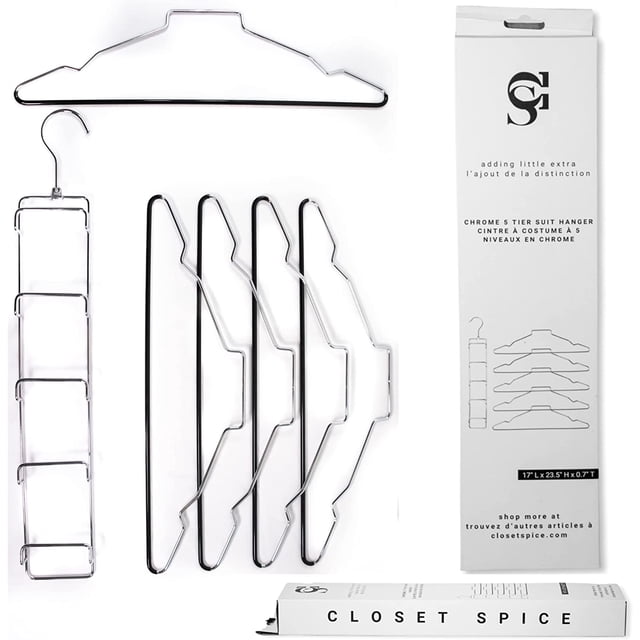Closet Spice - 2 Pack - Cintres de Costume Détachables Antirouille Chromés 5 Niveaux, Antidérapants, Poignée en Caoutchouc PVC Noir Rembourrée, Gain de Place, Design Multi-Swing pour Manteaux, Costumes