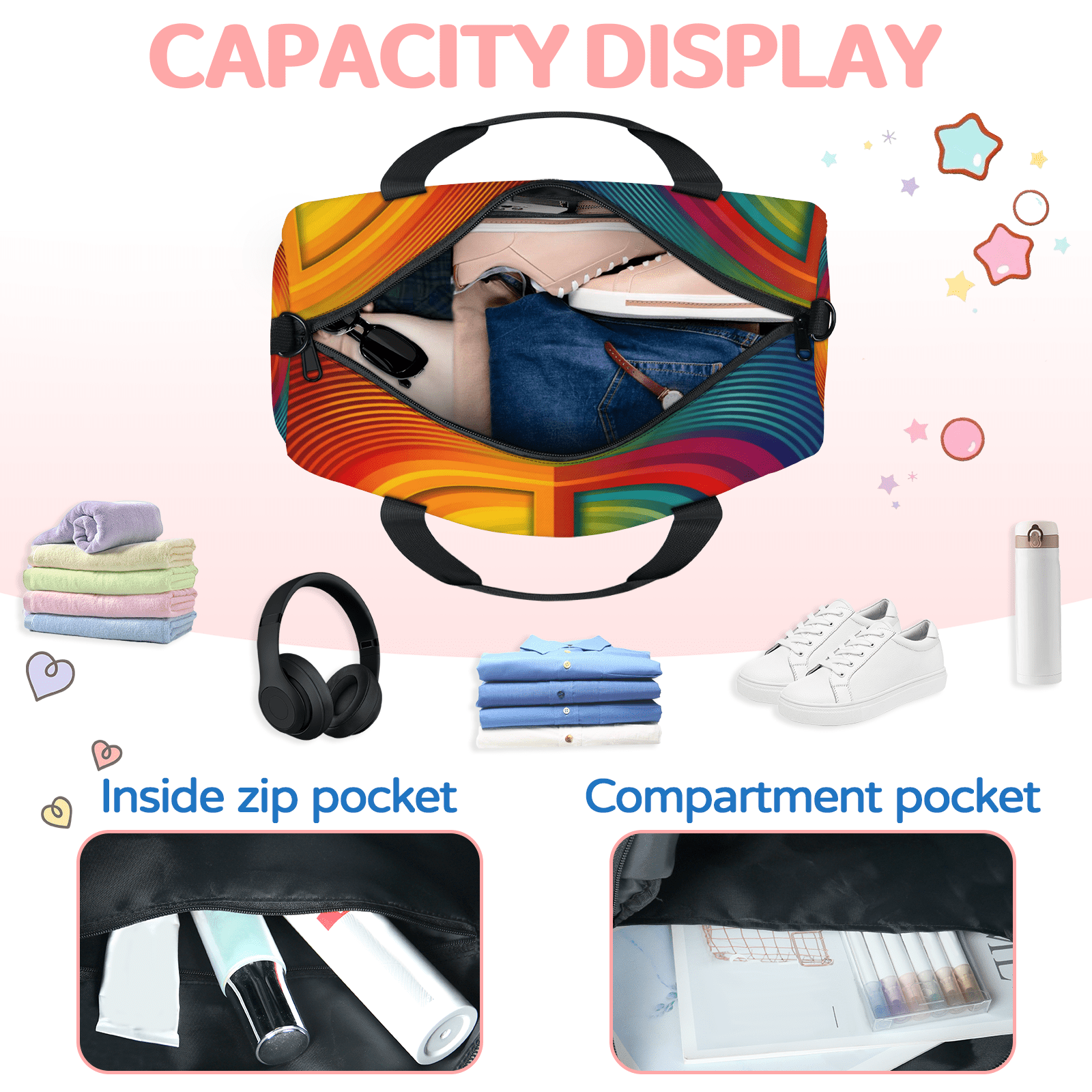 Herdesigns Rainbow Hippie Peace Symbol Gym Bag for Women, Duffle Bag for Travel Sport, Lightweight Waterproof Carry on Weekender Overnight Dance Yoga Workout Bags