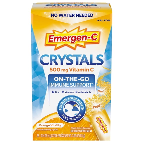 Emergen-C Crystals, On-The-Go Vitamin C Supplement for Immune Support, Orange Vitality, 28 Stick Packs
