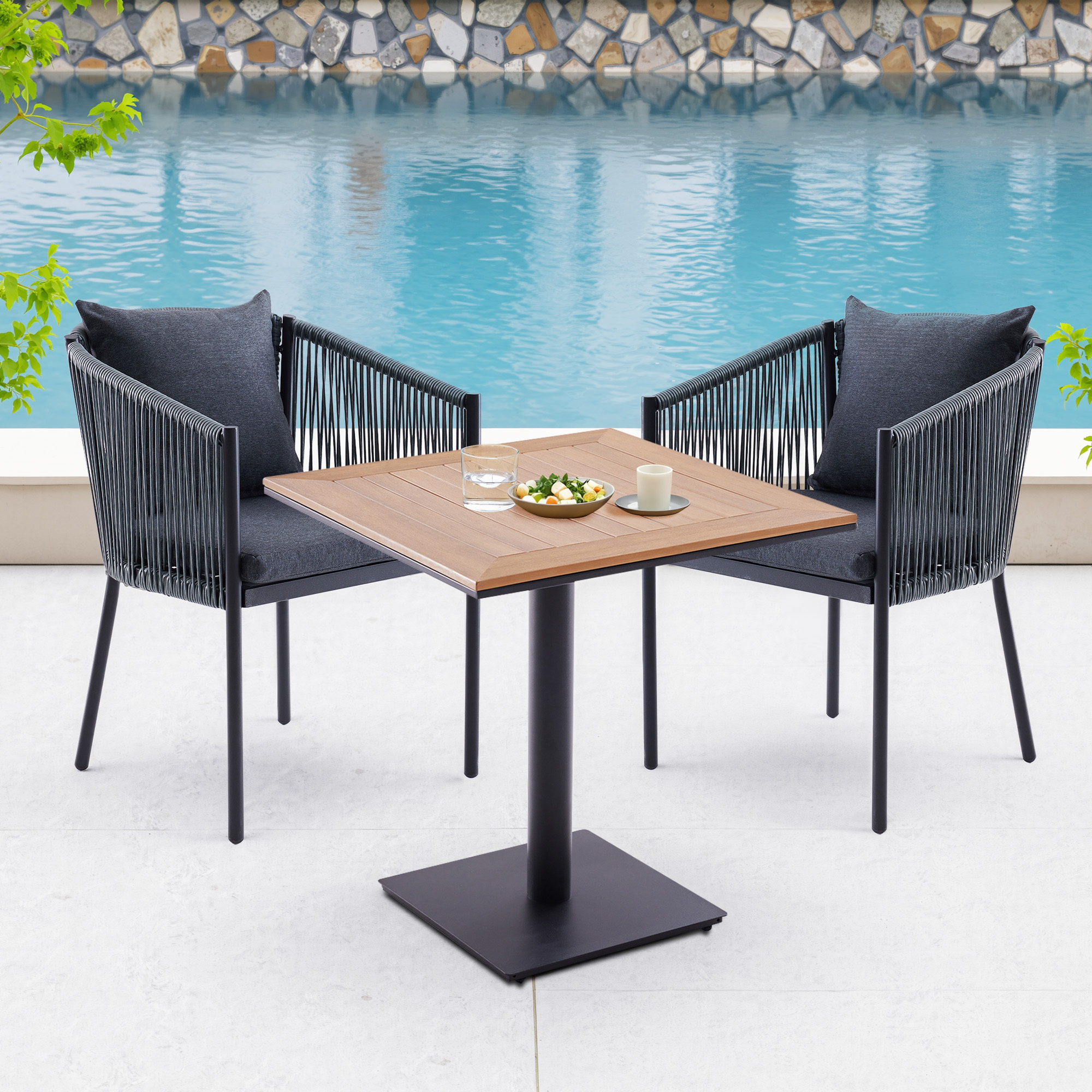 MAYEERTY Gray 5-Piece Outdoor Rattan Dining Set:4 Chairs with Cushions & Square Wood-Look Table, Weatherproof