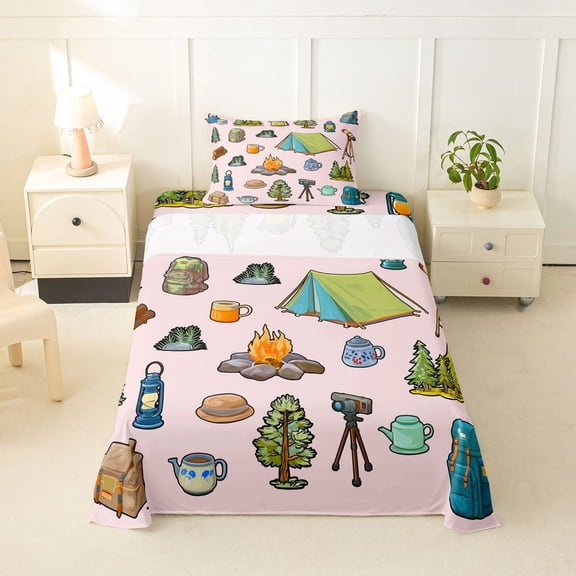Erosebridal Adventure Theme Twin Sheet Sets 3pcs For Boys Girls,Happy Camping Bedding For Kids Teens