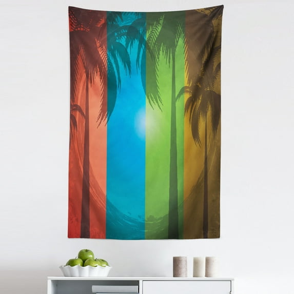 Tropical Tapestry, Palm Trees Silhouette on Colorful Vertical Stripes Sunbeams Tropical Boho Style Art, Fabric Wall Hanging Decor for Bedroom Living Room Dorm, 5 Sizes, Red Blue, by Ambesonne