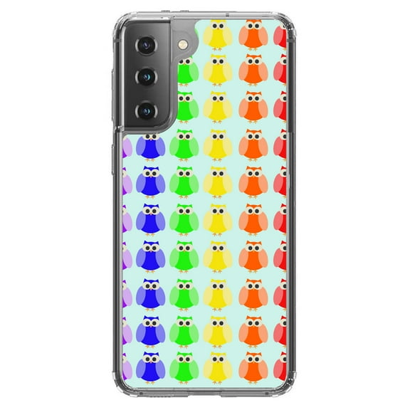 DistinctInk Clear Shockproof Hybrid Case for Galaxy S21 5G (6.2" Screen) - TPU Bumper, Acrylic Back, Tempered Glass Screen Protector - Rainbow Owls Cartoon - Cartoon Owls