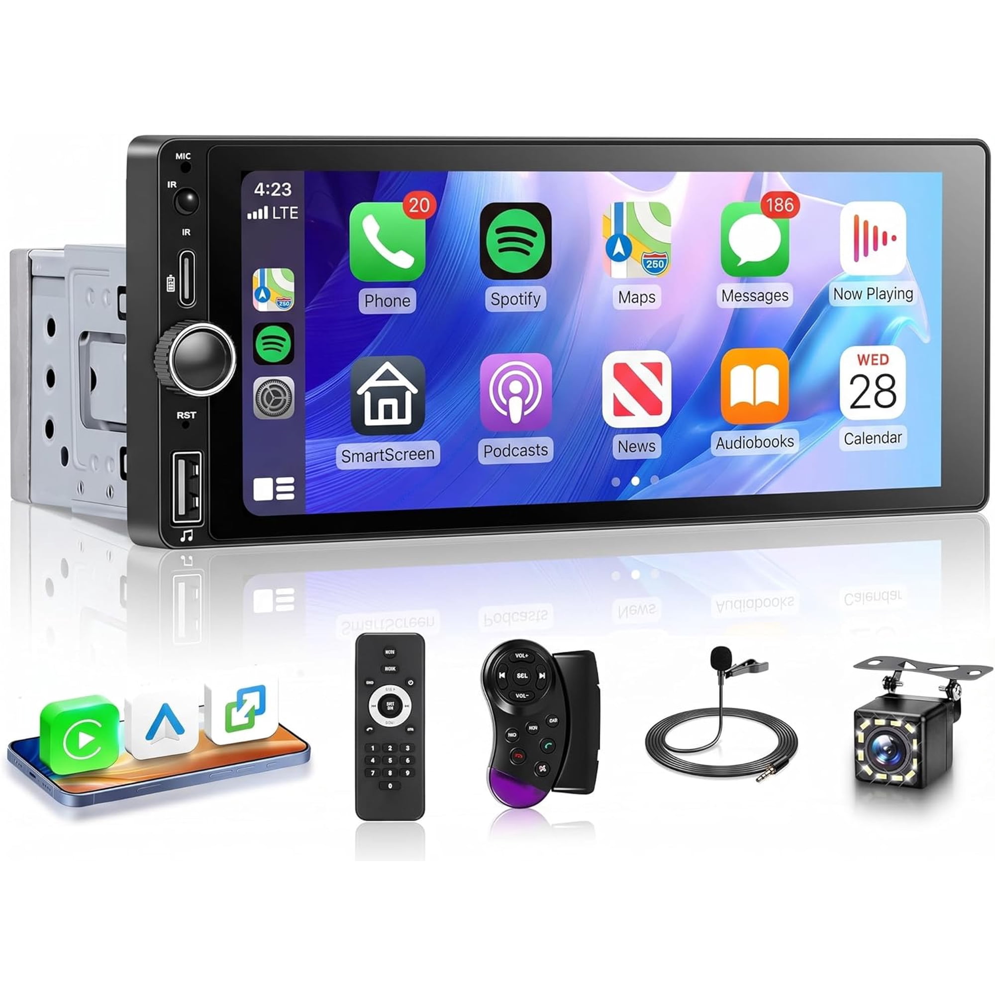 Rimoody Single Din Car Stereo 6.86 Inch Touch Screen - Wireless CarPlay/Android Auto, Bluetooth + Backup Camera