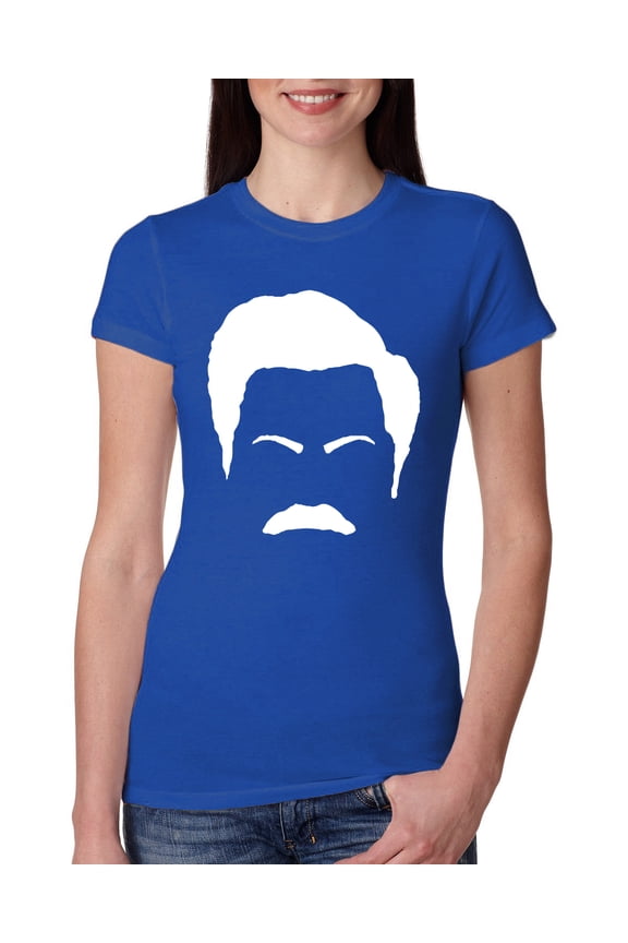 , White Parks and Rec Fans Ron Swanson Mustache Face Silhouette, Pop Culture, Women Slim Fit Junior Tee, Royal, Small