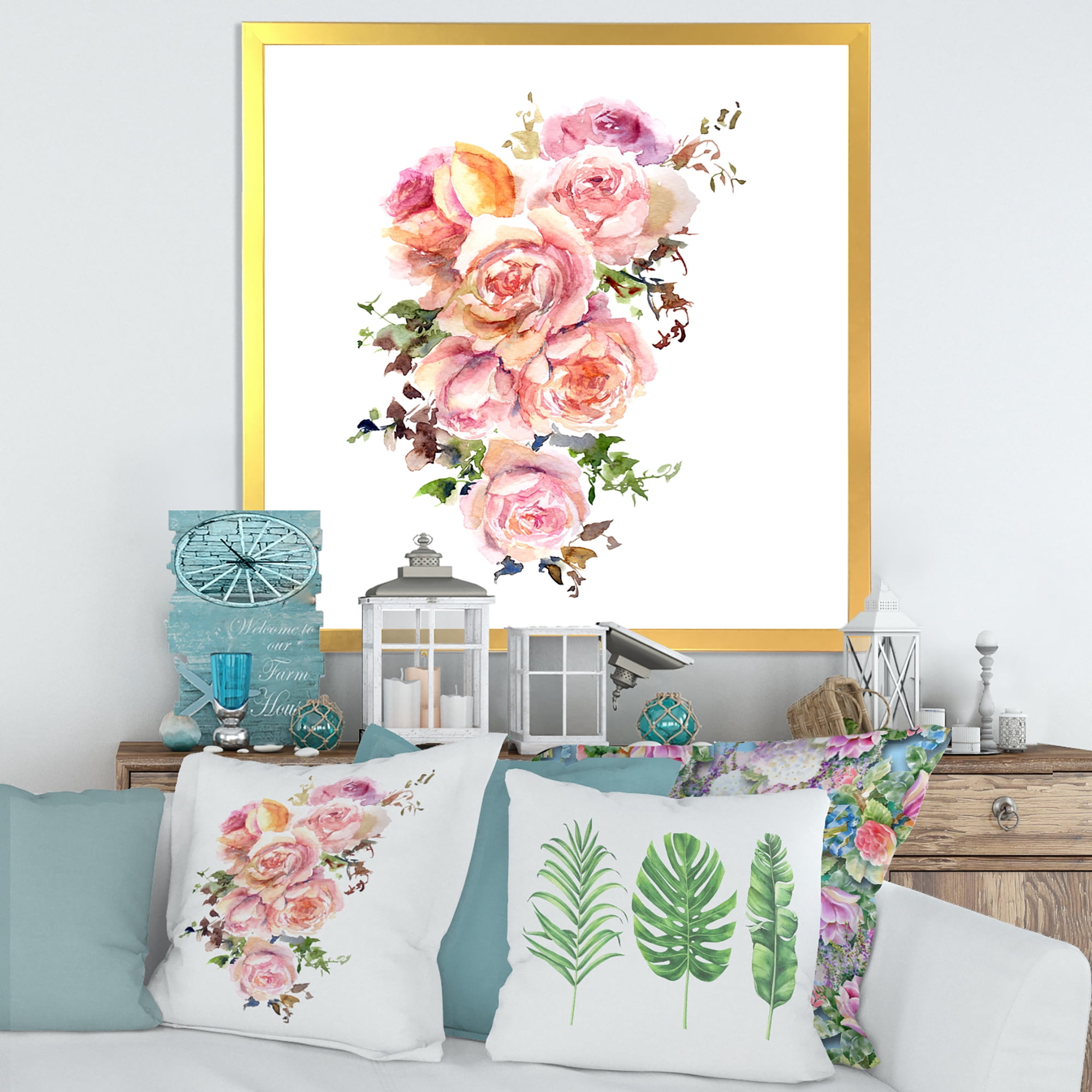 Designart 'Bouquet Of Pink Roses Flowers' Traditional Framed Art Print