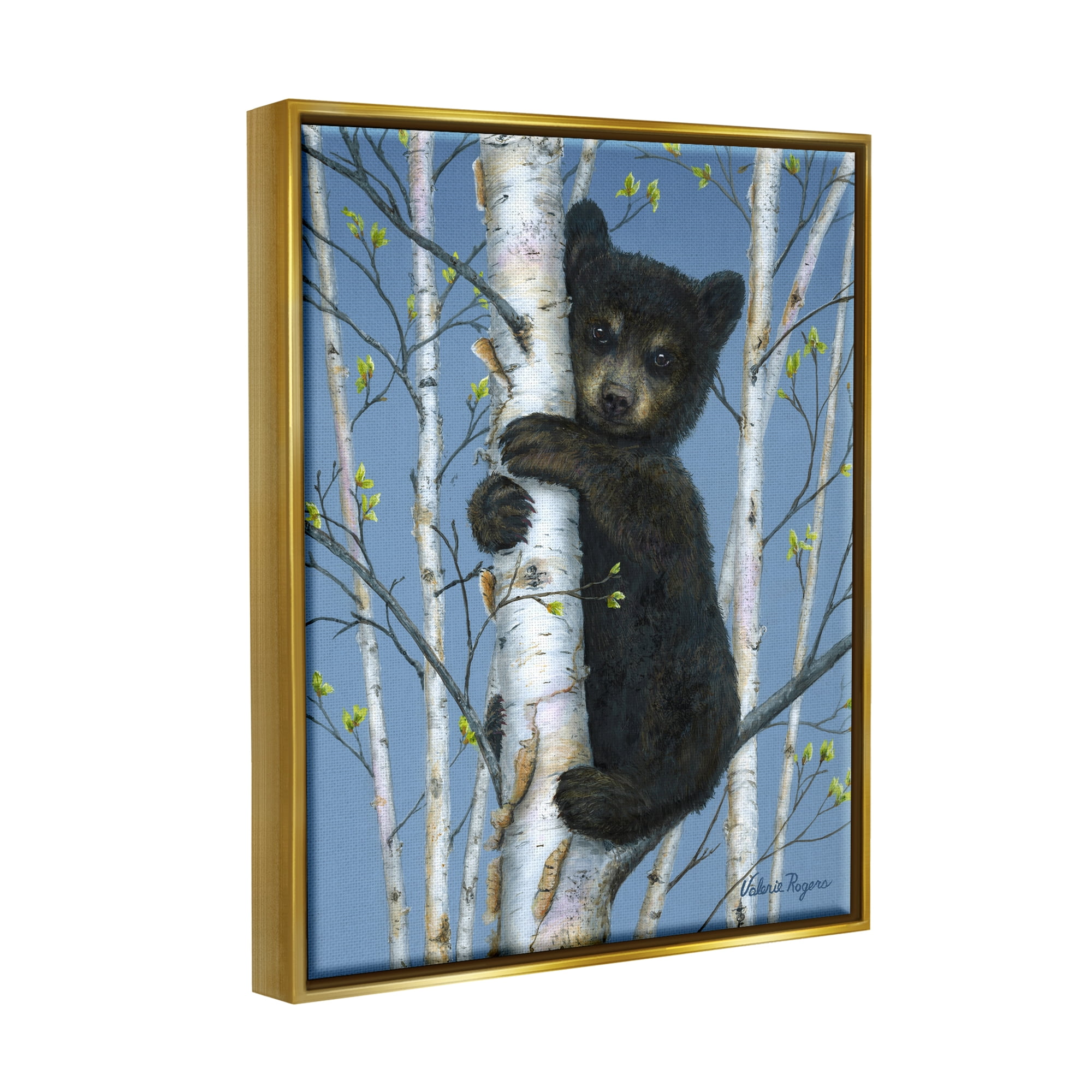 Stupell Industries Bear Cub Climbing Birch Tree Animals & Insects Painting Gold Floater Framed Art Print Wall Art