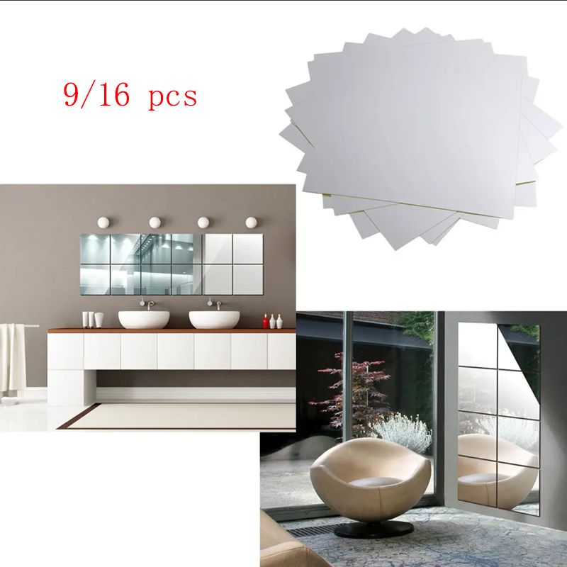 9/16Pcs Flexible Mirror Sheets Square Self Adhesive Non Glass Mirrors Tiles for Home Bedroom