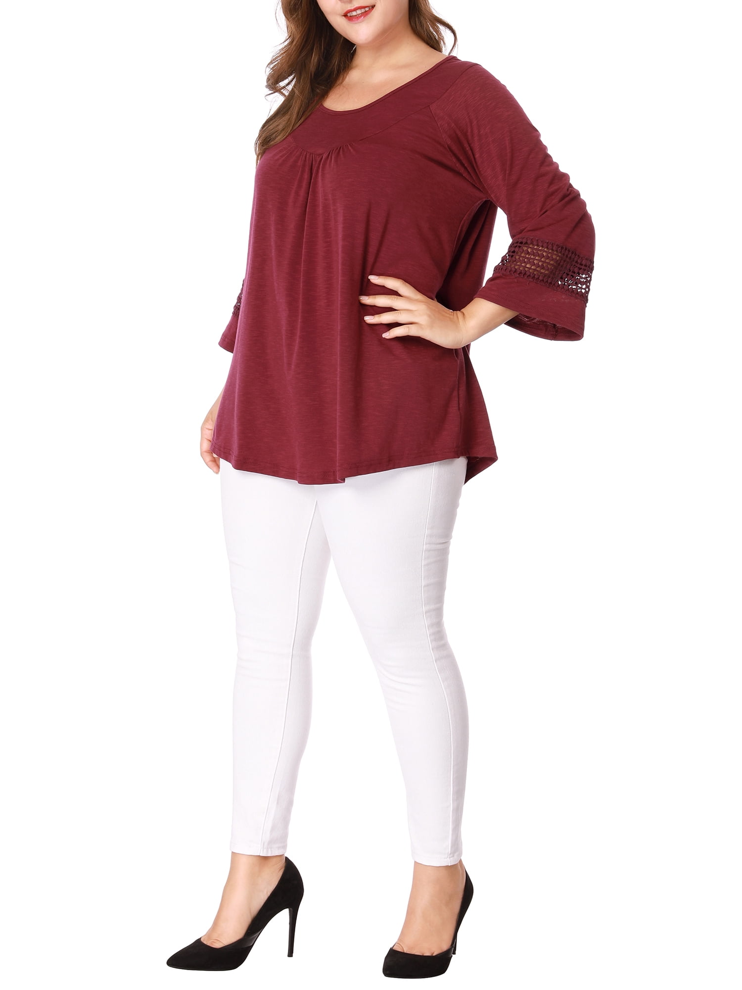 Unique Bargains Juniors' Plus Size Crochet Panel Kimono Raglan Sleeves Ruched Front Top Burgundy 4X