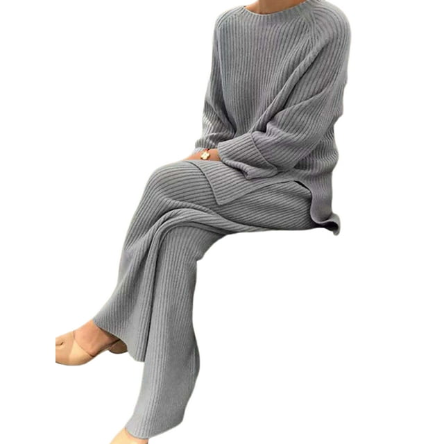 Innerwin Two Piece Outfits Wide Leg Ladies Lounge Set Holiday Long Sleeve Loose Sweater Sets Gray M