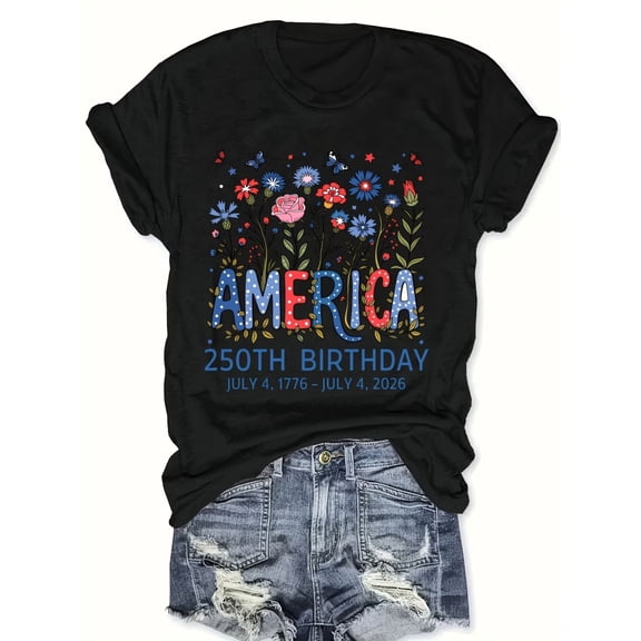 Retro America 250th Birthday Floral T-Shirt - Patriotic USA 1776-2026 Independence Day Semiquincentennial Graphic Tee - Vintage Red White and Blue Flower Design Unisex Top