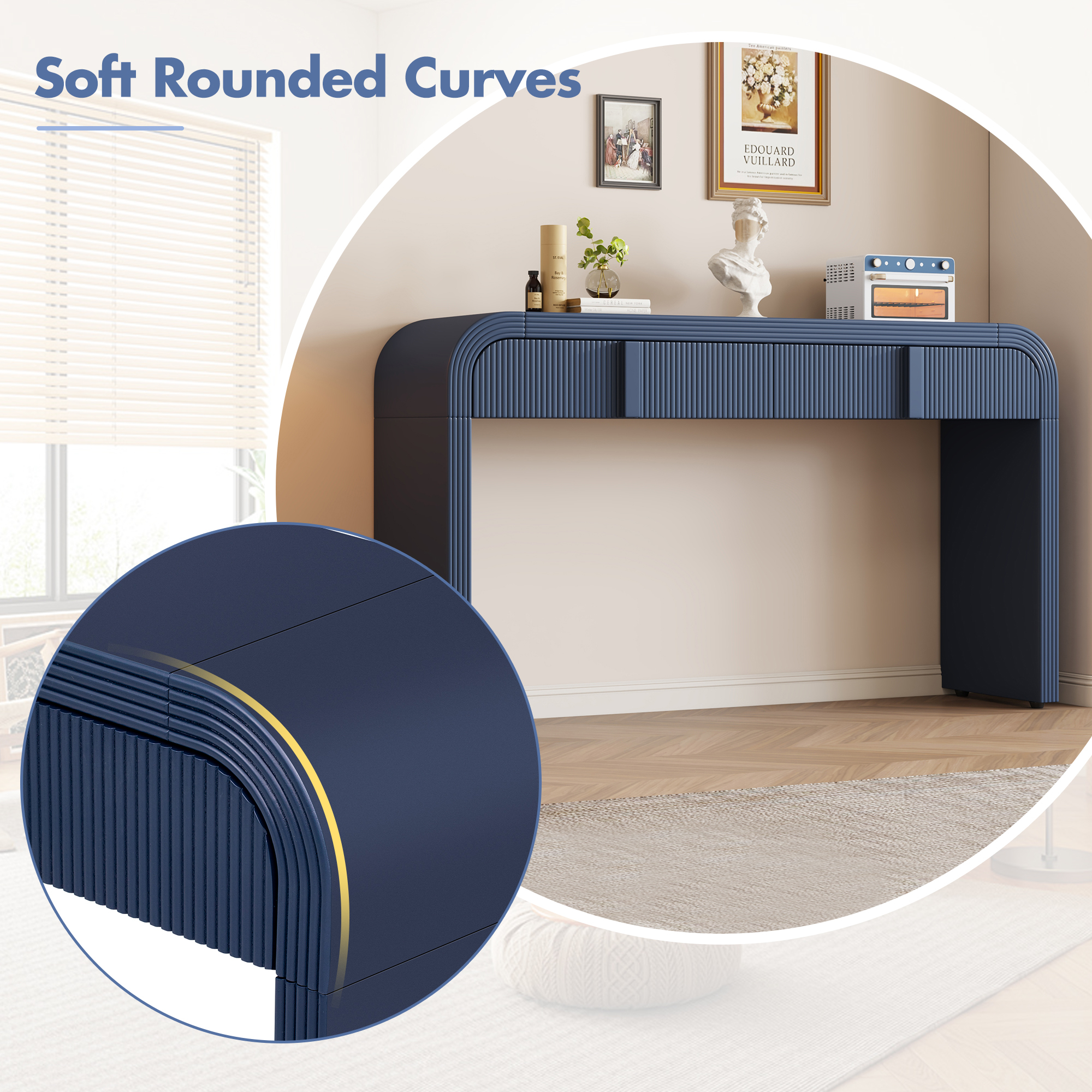 Euroco 55" Unique Curved Console Table with 2 Storage Drawers, Fluted Accent Entryway Table Sofa Table for Hallway Living Room Foyer,Navy Blue
