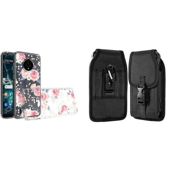 Case and Pouch Bundle for Nokia C200: Slim Series TPU Protector Case (Vintage Pink Floral) and Vertical Nylon Buckle Belt Holster