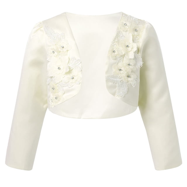 TSSOE Boléro Brodé Floral à Manches Longues pour Filles, Robe de Princesse, Cardigan Court Champagne 90