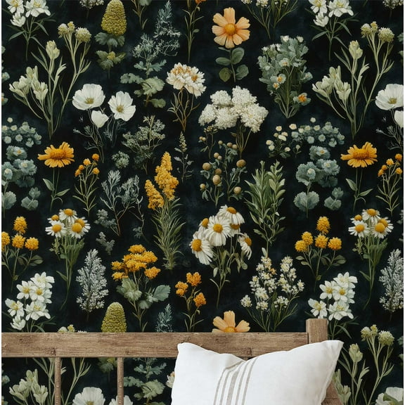 S4sassy Self-Stick Decorative Wallpaper, Botanical Floral Garden Print Wall Paper, Textured Vinyl Waterproof Contact Paper, Black, 25"x120"inch Removable Wall Covering For Bedroom, Dining room