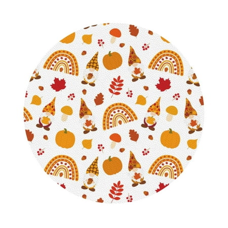 

Qekee Fall Gnomes Harvest Print PU Leather Absorbent Coasters Leather Coasters Set for Cups Drinks 4 Coasters 6 Pcs for Coffee Bar Home Decor Round Shape