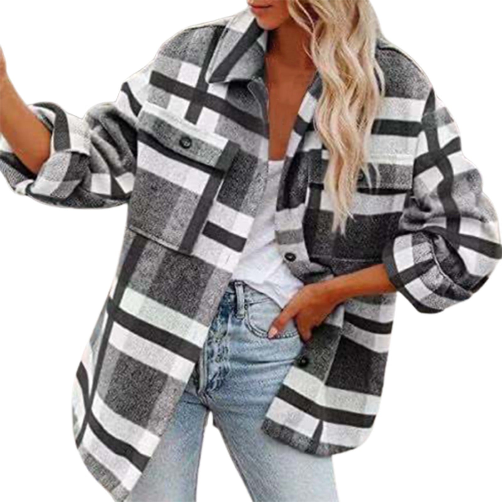  Women's Fashion Plaid Cropped Shacket Jacket Flannel Wool Blend  Long Sleeve Button Down Jackets Coat : Clothing, Shoes & Jewelry