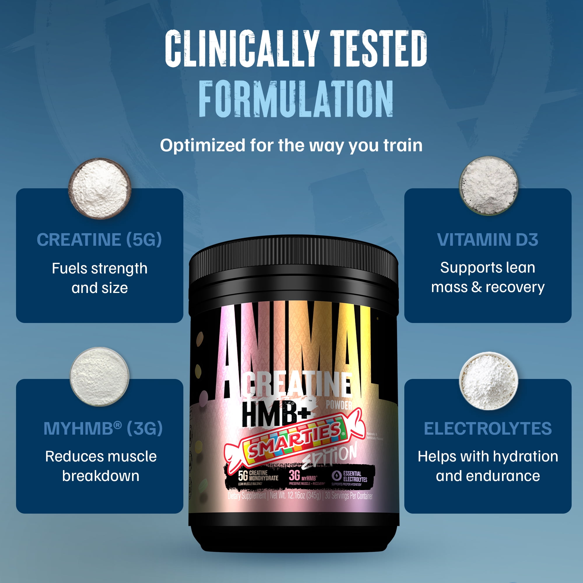 Animal Creatine HMB Powder – 5g Creatine + 3g myHMB with Electrolytes for Lean Muscle, Recovery & Daily Energy – Smarties Flavor, 30 Servings