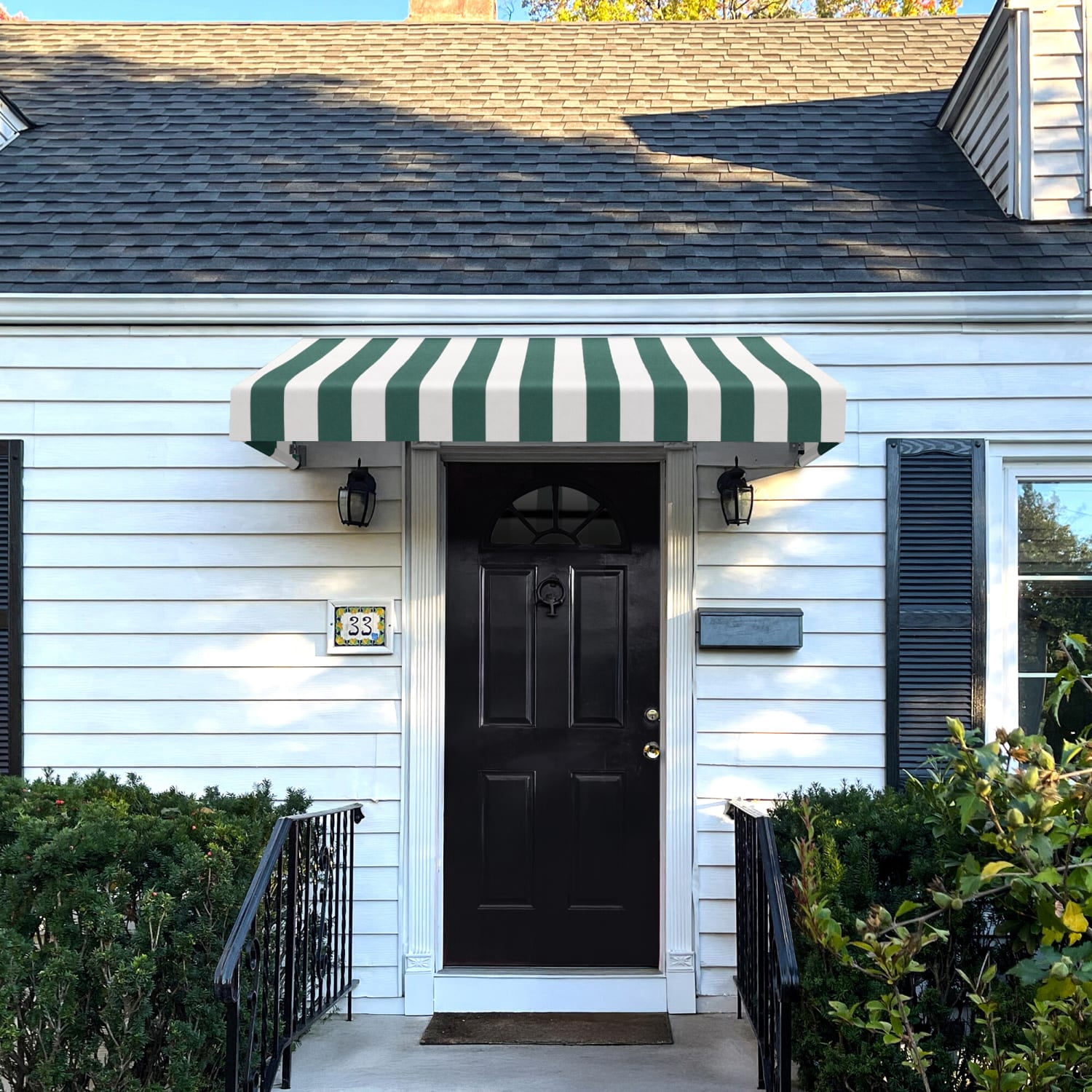 Awntech New Yorker Fixed Awning 64.5" x 18" x 36", Forest/White Stripe