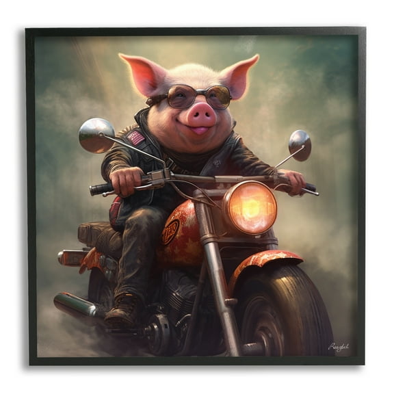 Stupell Industries Biker Pig on Motorcycle Animals & Insects Painting Black Framed Art Print Wall Art, 12 x 12