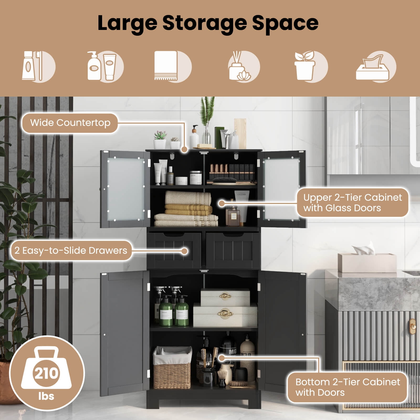 Costway Bathroom Floor Storage Cabinet Kitchen Cupboard with 2 Drawers & Glass Doors Black