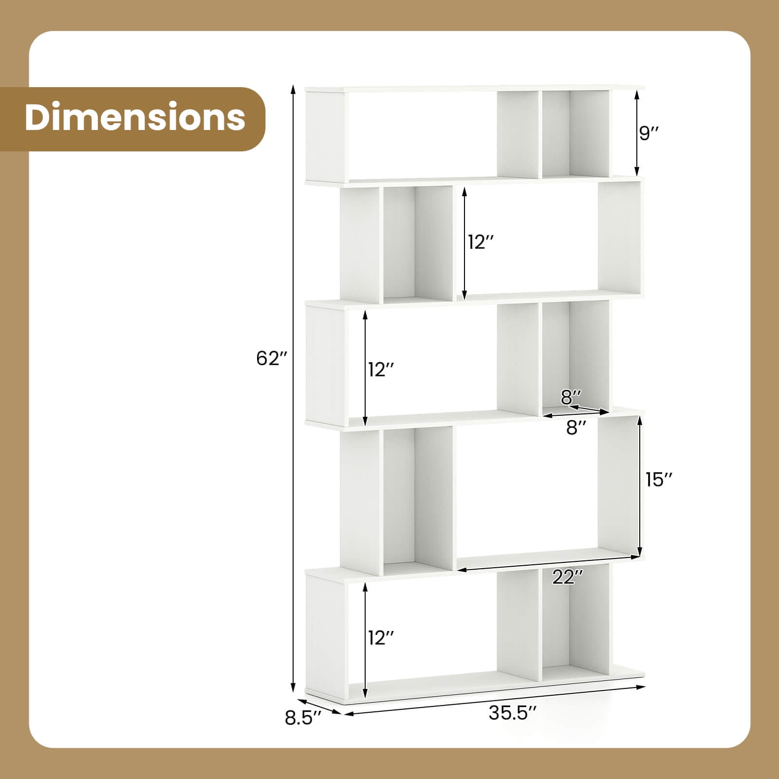 Costway 1 PCS 5-Tier Geometric Bookshelf with Open Shelves & Closed-back Cubes for Living Room White