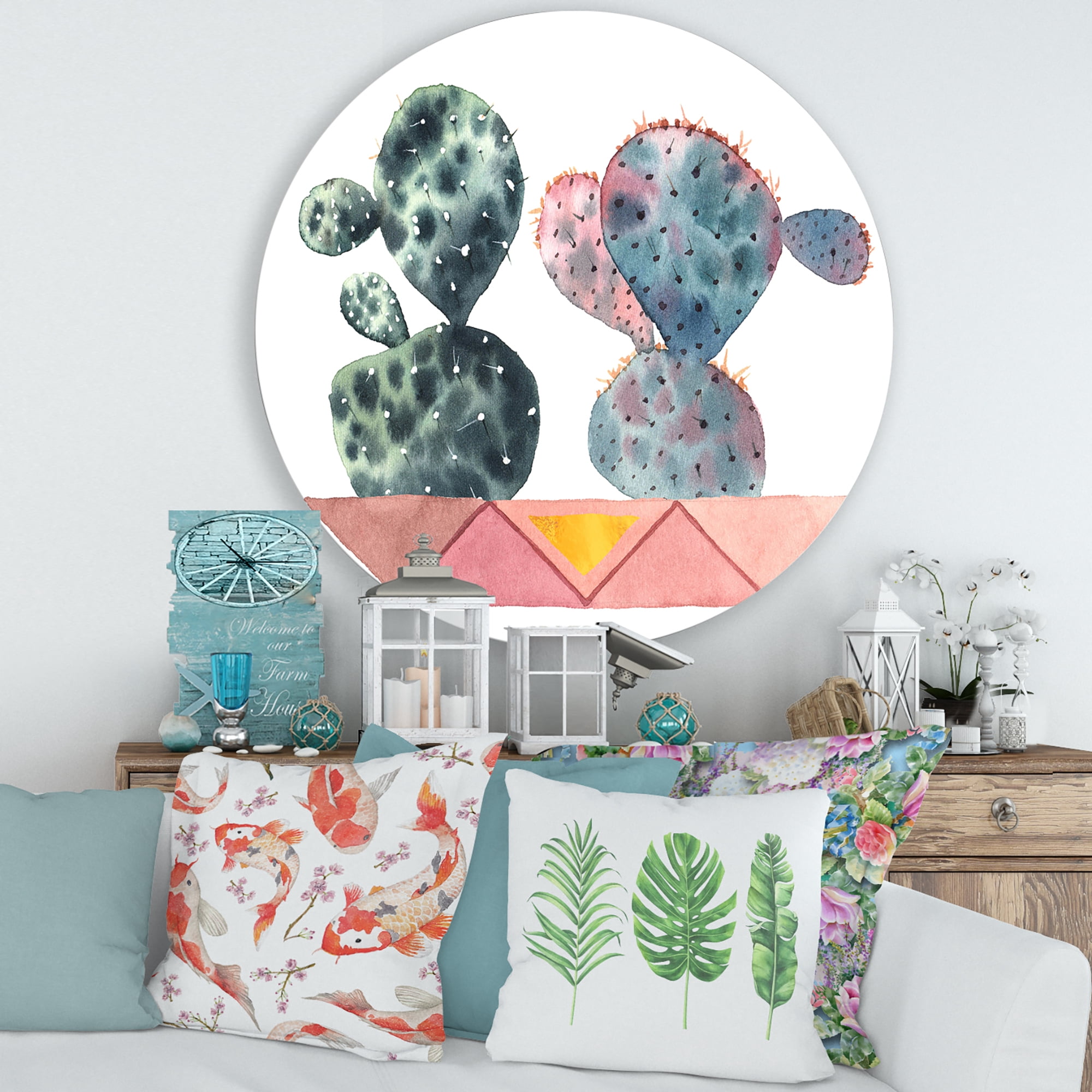 Designart 'Cactus Duo In Pink Pots Geometric' Modern Circle Metal Wall Art 29x29 - Disc of 29