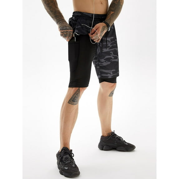 Mysszz Mens Fake Two Piece Suit Activewear Spliced Elastic Waist Sports Quick-Drying Double Layer Leggings Sweatpants Shorts