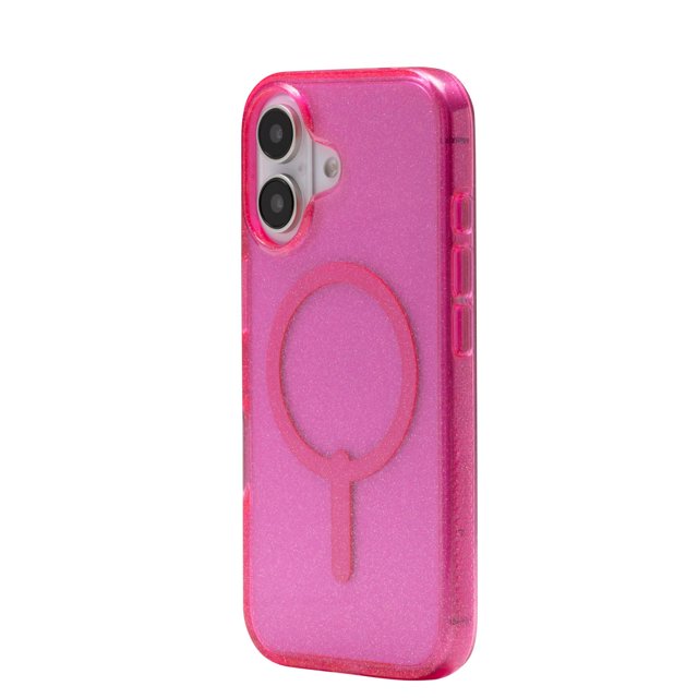 funda zagg milan snap glitter para iphone 16 plus rosa vista 3/4 trasera de una funda rosa con brillo y acabado translúcido, anillo magnético MagSafe en relieve en la parte posterior, recorte para doble cámara y botones laterales, diseño delgado compatible con carga inalámbrica y ajuste MagSafe; también suele usarse para proteger y personalizar dispositivos en viajes cortos.