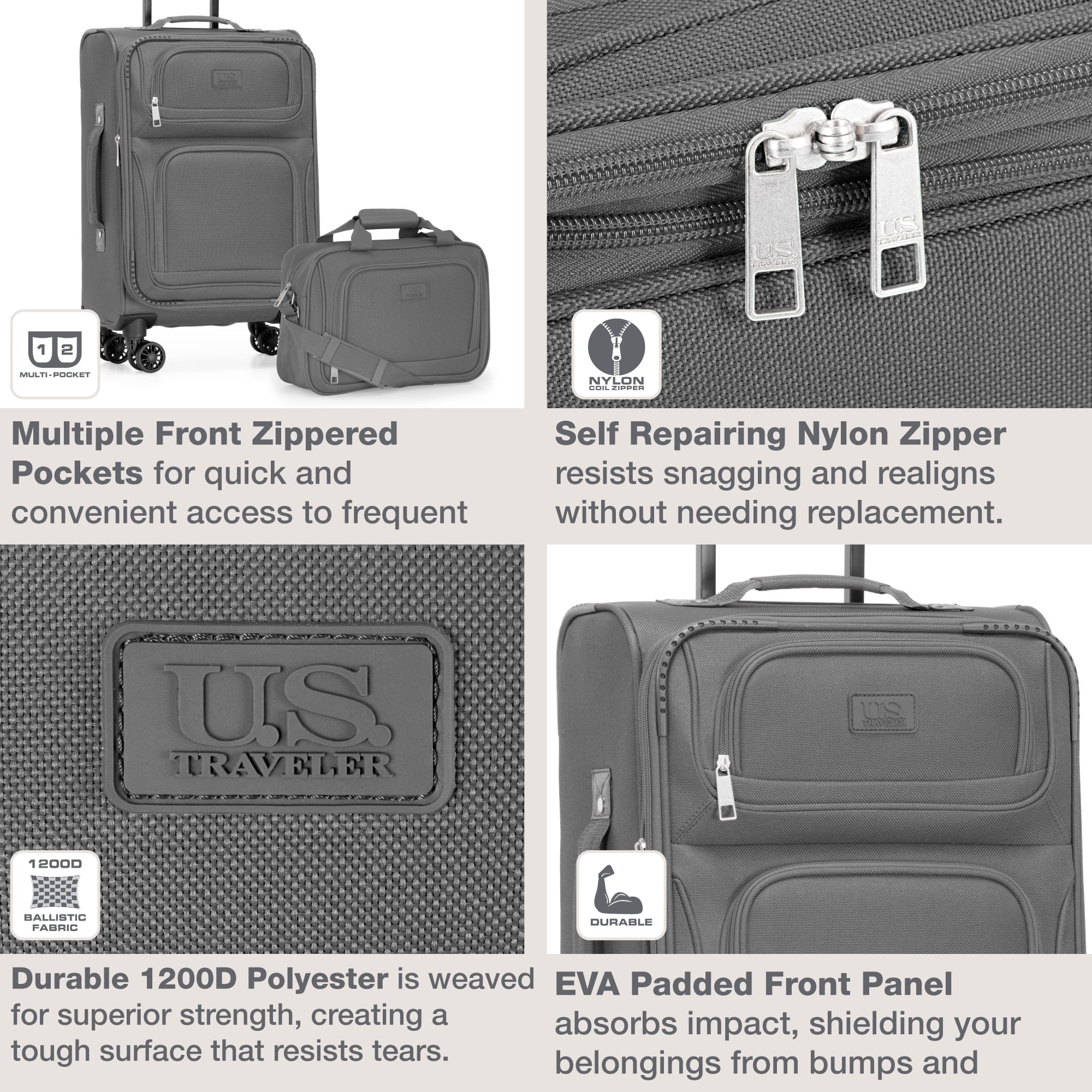 U.S. Traveler Rio 2-Piece Expandable Softside Carry-on Luggage Set - Spinner Wheels, TSA-Approved, Tote Bag, Lightweight Travel Suitcase, Gray (22/14)
