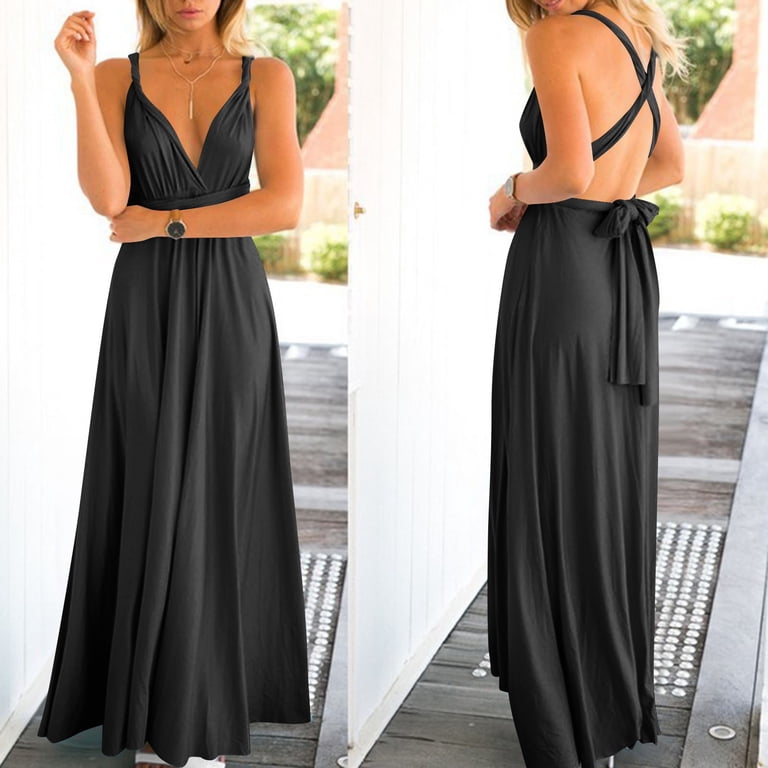 NXMZXB Dresses for Bridesmaids,Wedding Guest Dresses for Women,Plus Size  Wrap Dress Long Maxi Convertible Multiway Dress Black L - Walmart.com